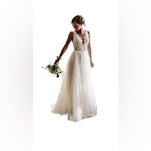 Mauwey V Neck Long Wedding Dresses A Line Lace Applique Tulle Bridal Gown